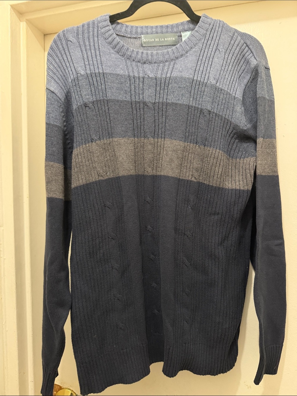 Oscar de la Renta Men's Striped Crewneck Sweater in Navy, Gray, Light Blue
